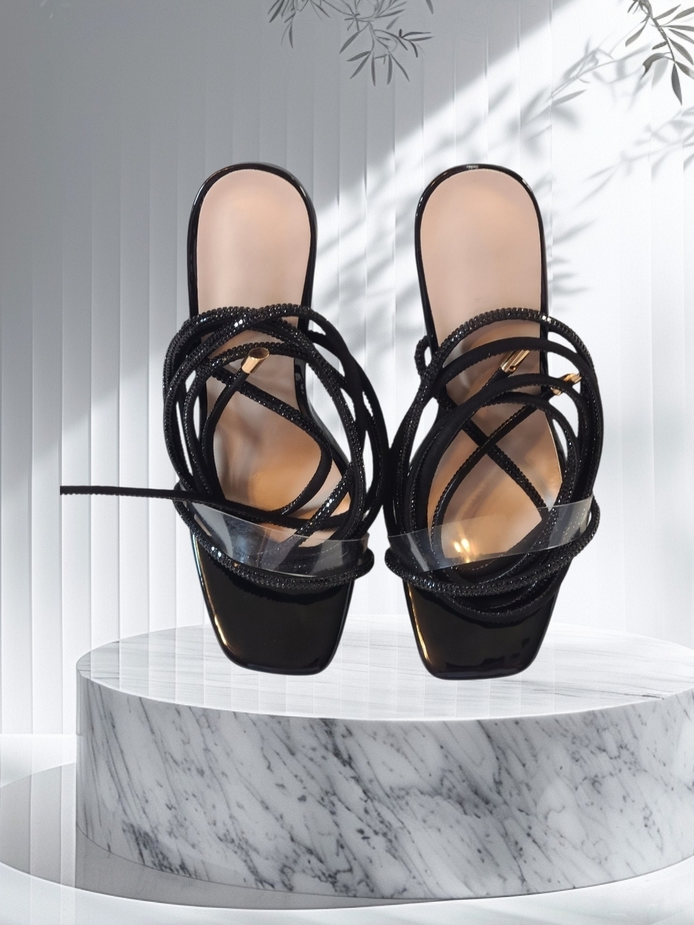 Black Strappy Sexy Lace-Up Gladitor Women's 8 Sandals Stilettos 4.5 Inch Heels